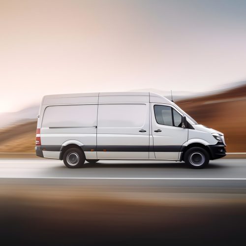 white-van-driving-down-road-with-word-ford-side