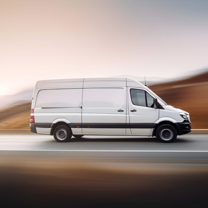 white-van-driving-down-road-with-word-ford-side