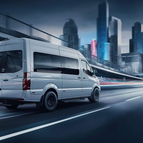 white-van-moving-fast-highway-with-modern-city